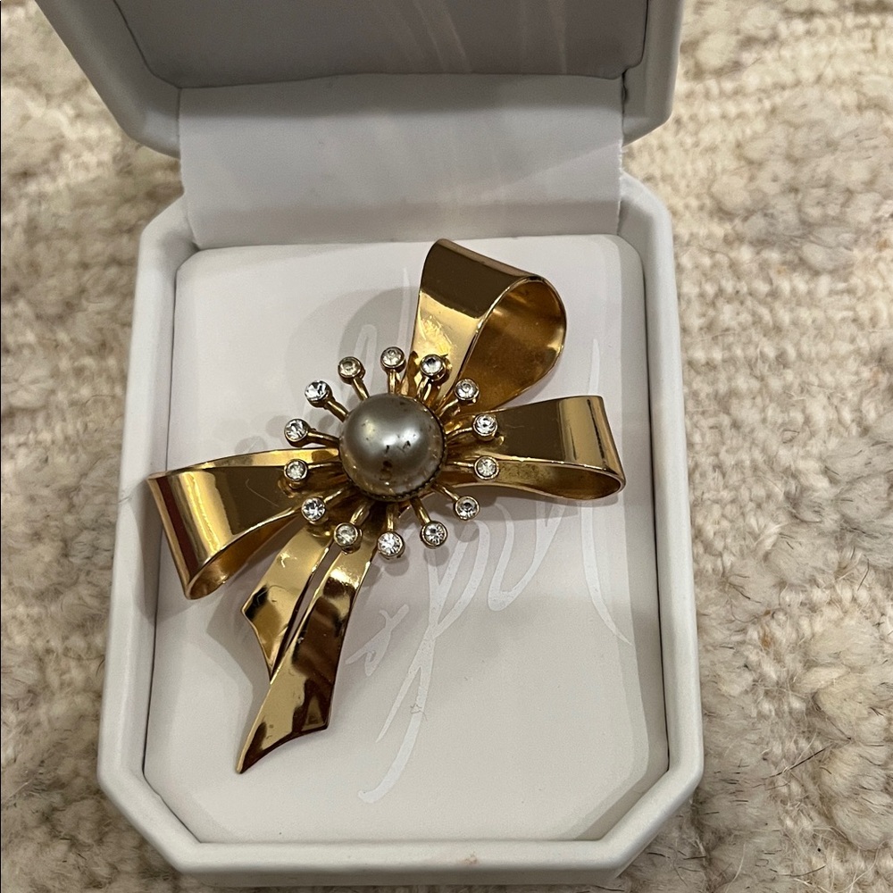 Coro Gold Bow Brooch with Pearl and Crystal Accents